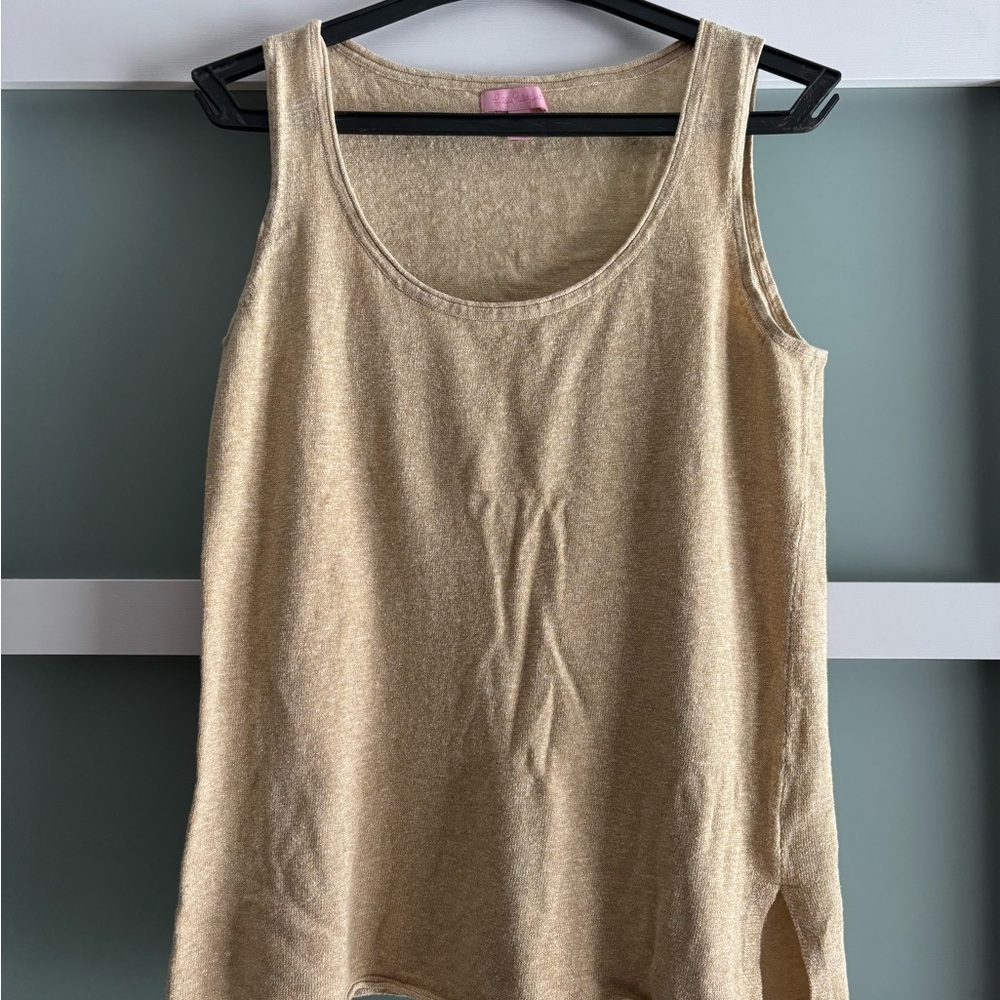 Lilly Pulitzer Elizabella Metallic Knit Tank Top Beige Gold Linen Blend Size M